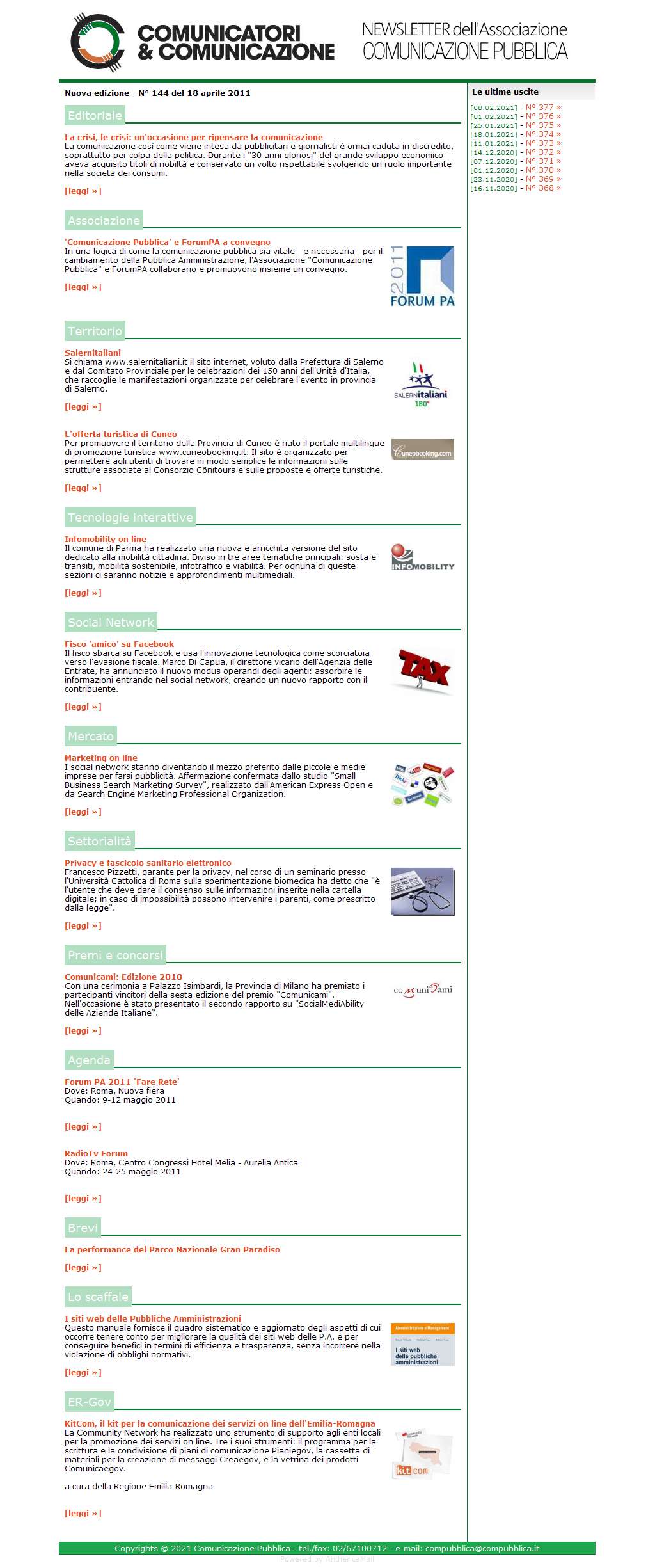 Comunicatori e Comunicazione Newsletter  n� 144  -  18 aprile 2011