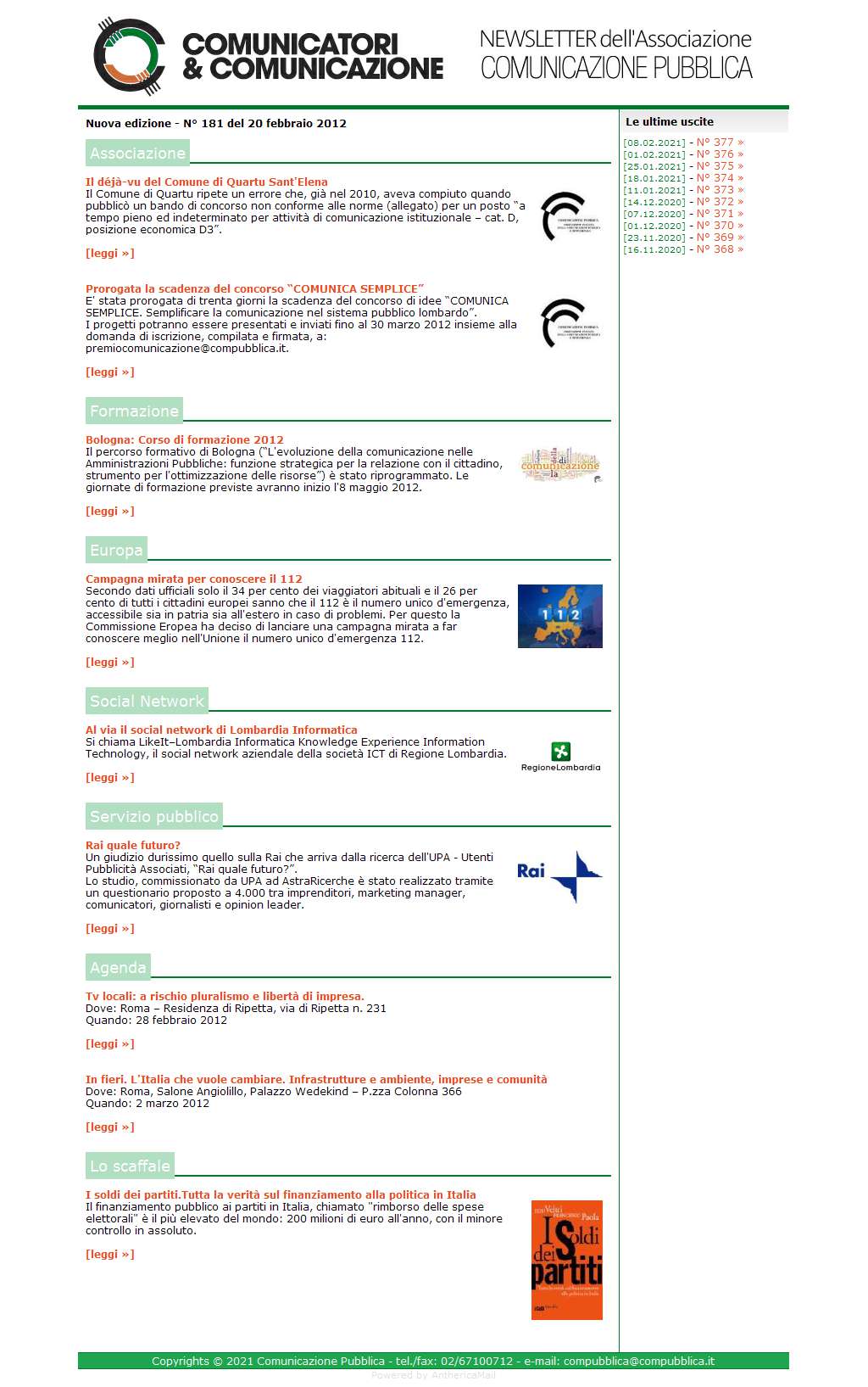 Comunicatori e Comunicazione Newsletter  n� 181  - 20 febbraio 2012