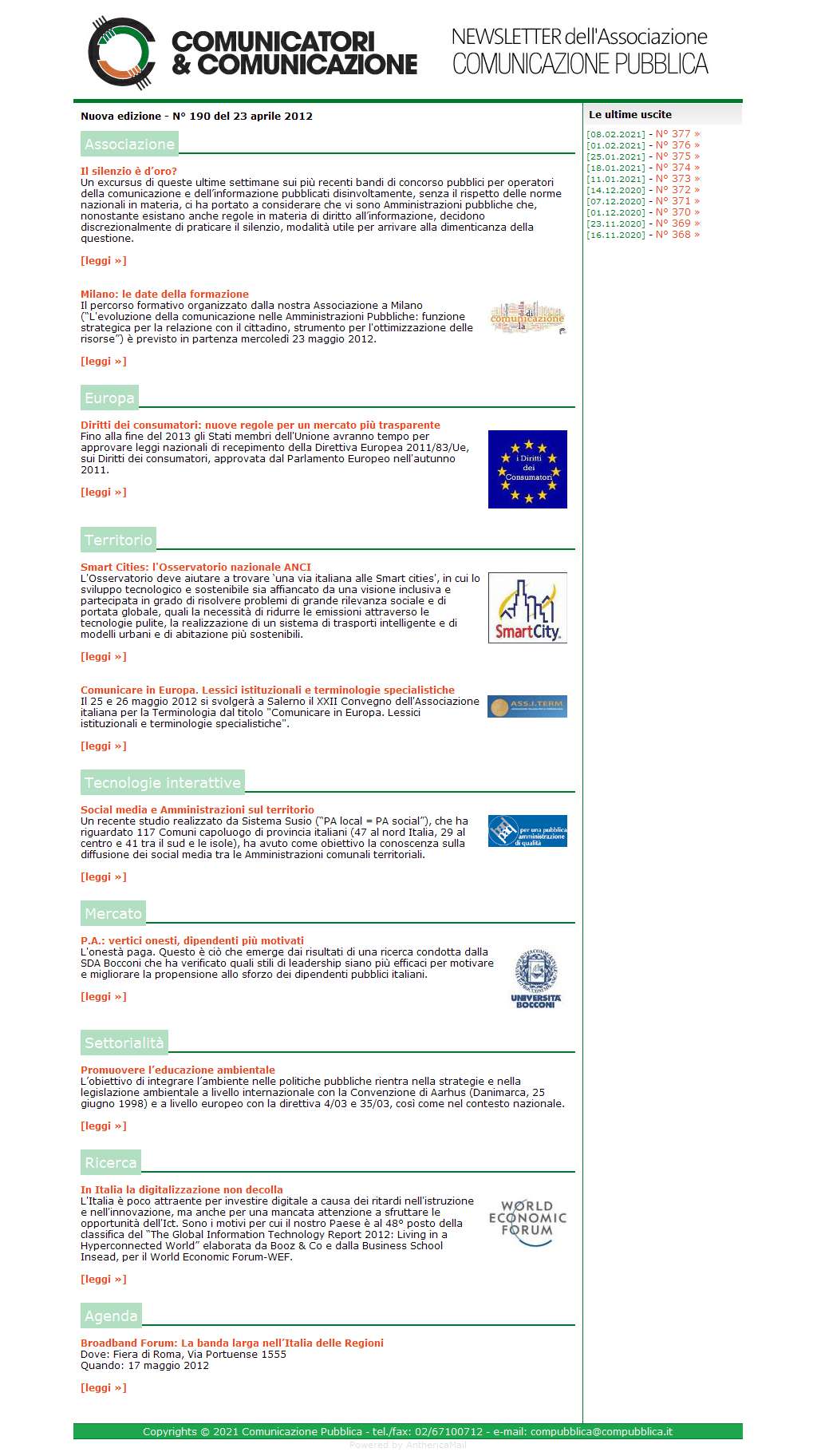 Comunicatori e Comunicazione Newsletter  n� 190  - 23 aprile 2012