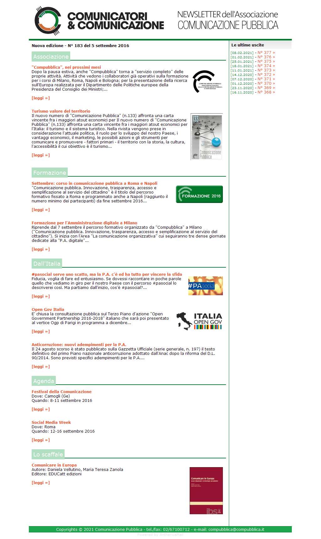 Comunicatori e Comunicazione n� 183 - 5 settembre 2016