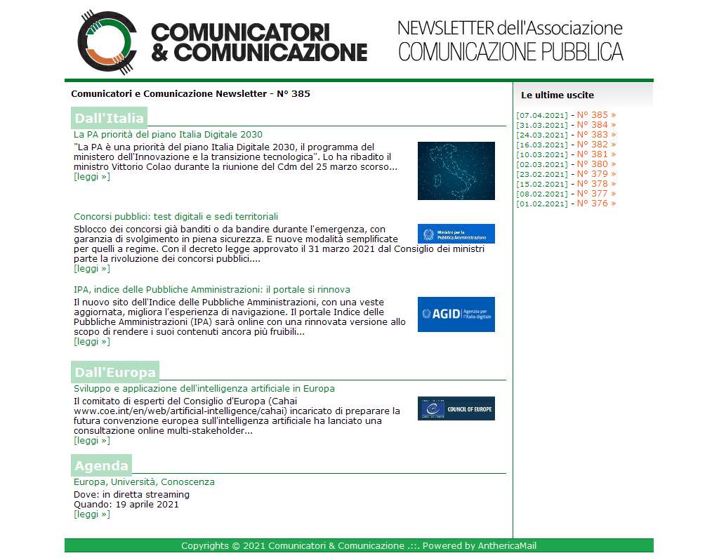 Comunicatori e Comunicazione n� 385 - 7 aprile 2021