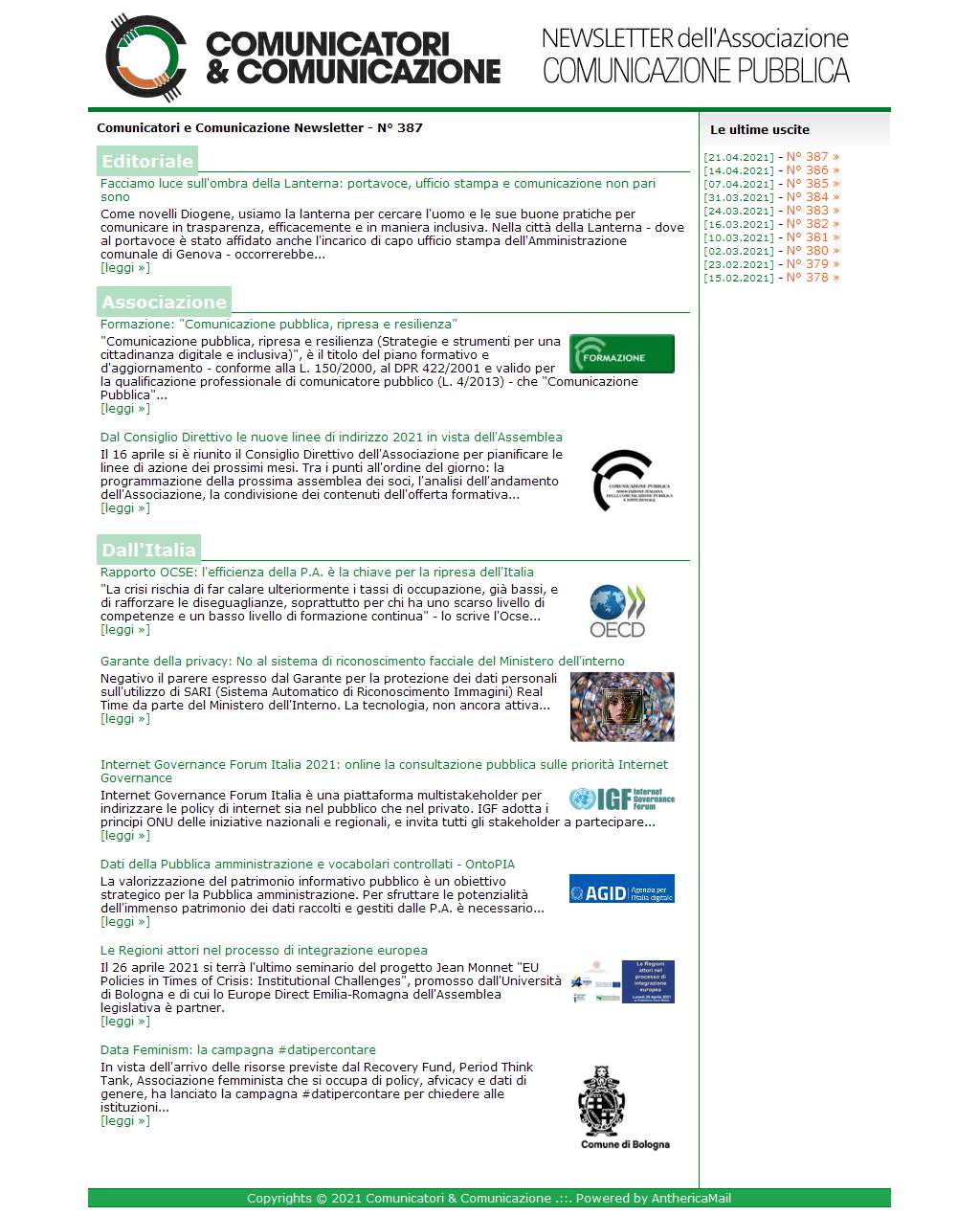 Comunicatori e Comunicazione n� 387 - 21 aprile 2021