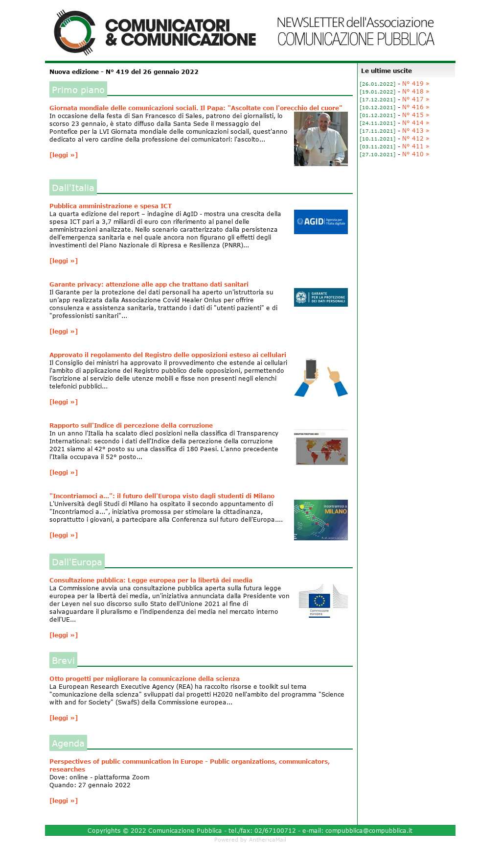 Comunicatori e Comunicazione n� 419 - 26 gennaio 2022